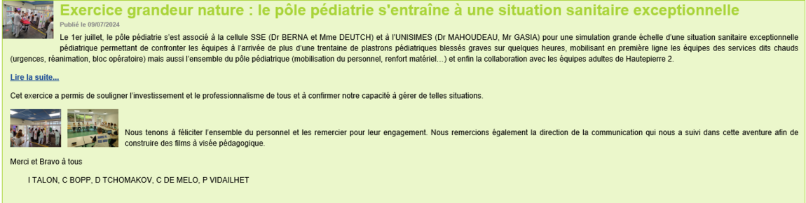 Exercice pôle pédiatrie : brève intranet HUS